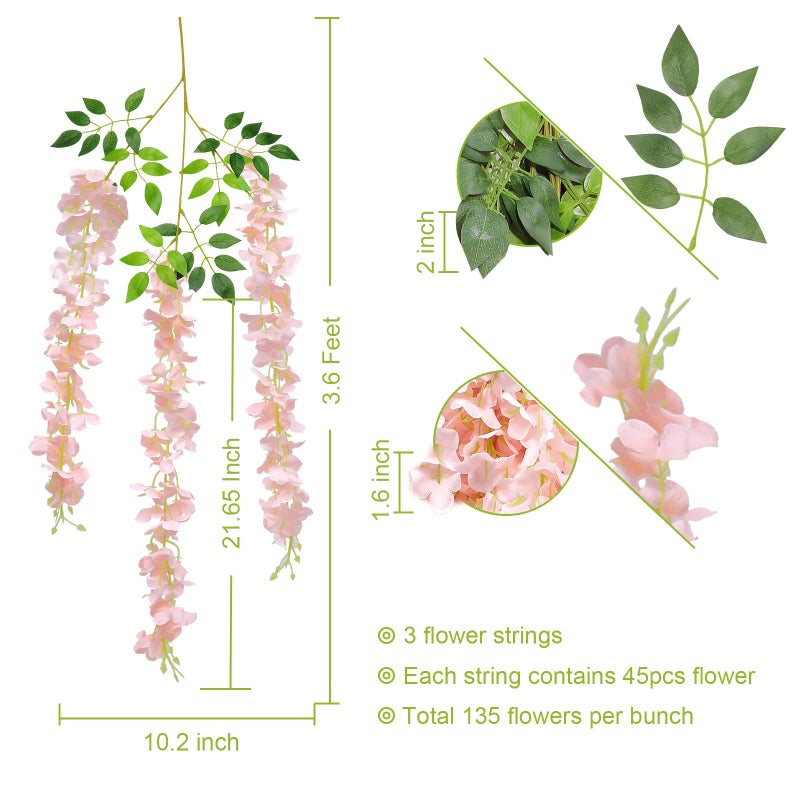 U'Artlines 24 Pack(Total 43.2 Feet) Artificial Fake Wisteria Vine Rattan Hanging Garland Silk Flowers String Home Party Wedding Decor (24, Light Pink) - Image 2